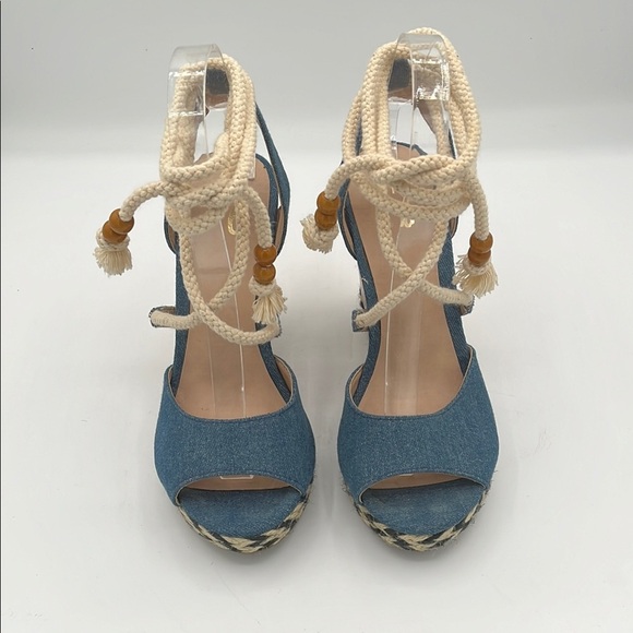 Mix No. 6 Denim Open Toe Strappy Ankle Wrap Wedge Sandals - Picture 2 of 11